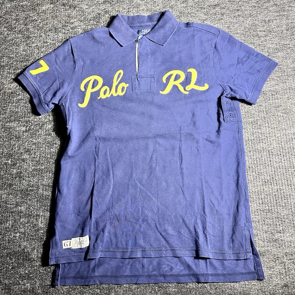 Polo Ralph Lauren Men’s Medium Custom Fit Navy Blue Yellow Logo Rugby Polo